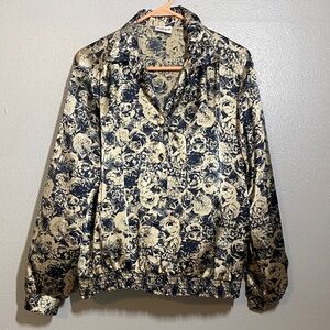 Russ Vintage Floral Satin Blouse in Navy and Creamy